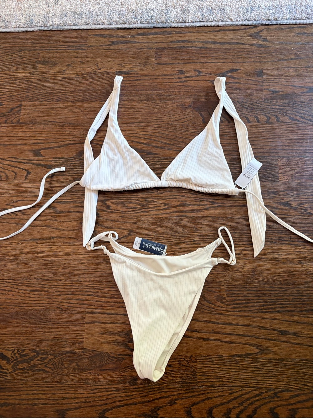 Camille  Cream Ribbed Tie Bikini Set